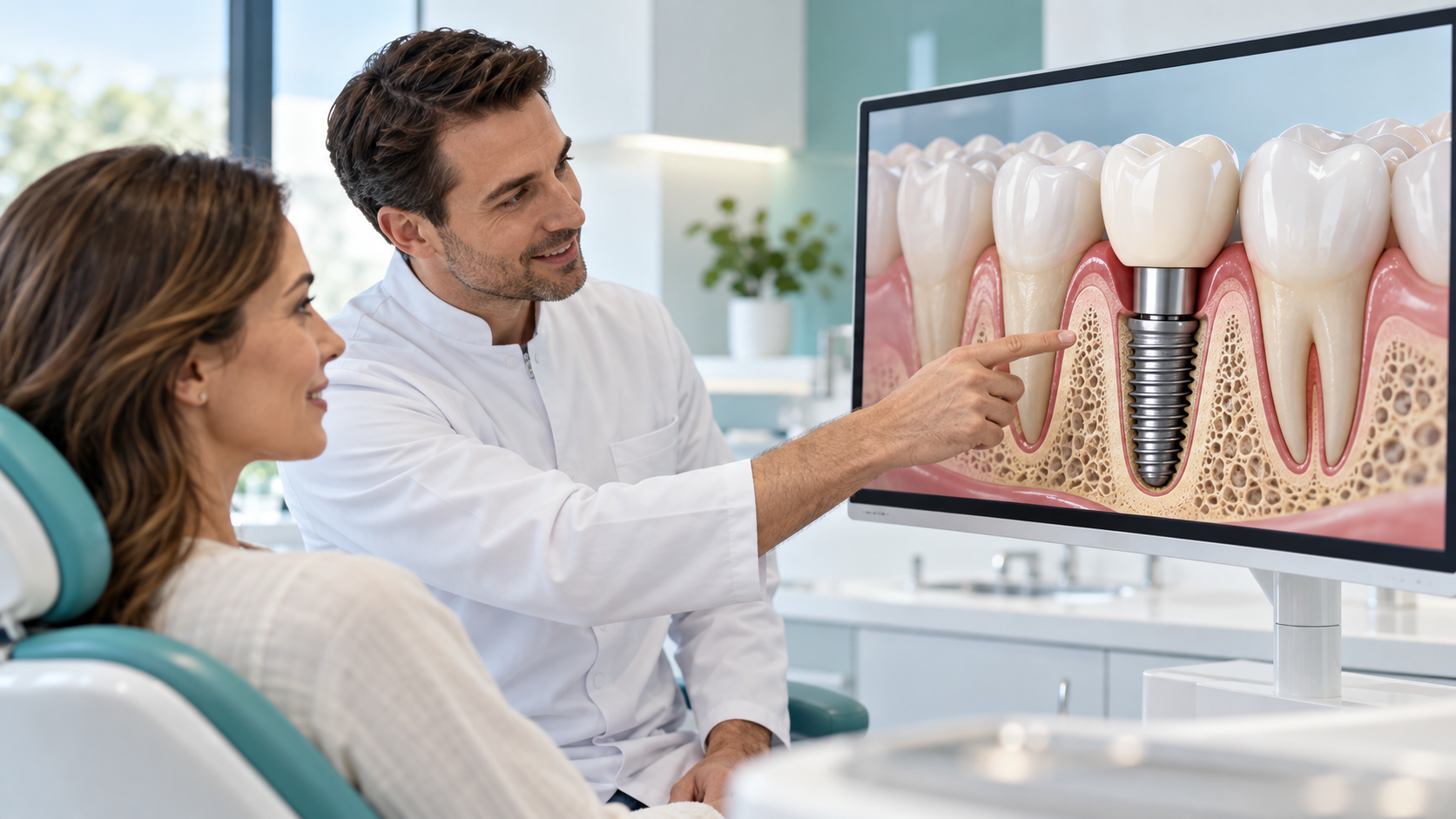 Medic explicând unei paciente structura unui implant dentar, cu implant, bont protetic și coroană