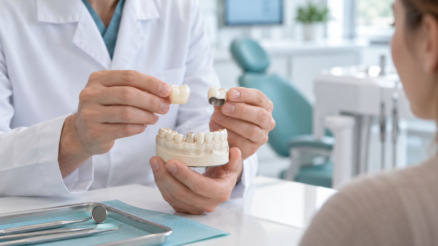 Medic prezentând unei paciente o coroană zirconiu-ceramică și o coroană metalo-ceramică